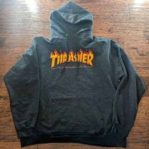 Men's Thrasher Magazine Black Hoodie with Flame Logo Size Large Y2K